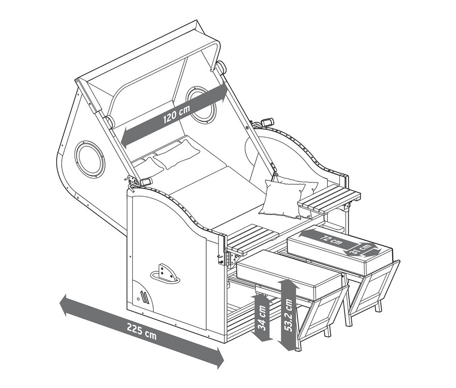 Nákres plážového koše prémiové třídy XXL se 2 výklopnými stolky a rozměry.