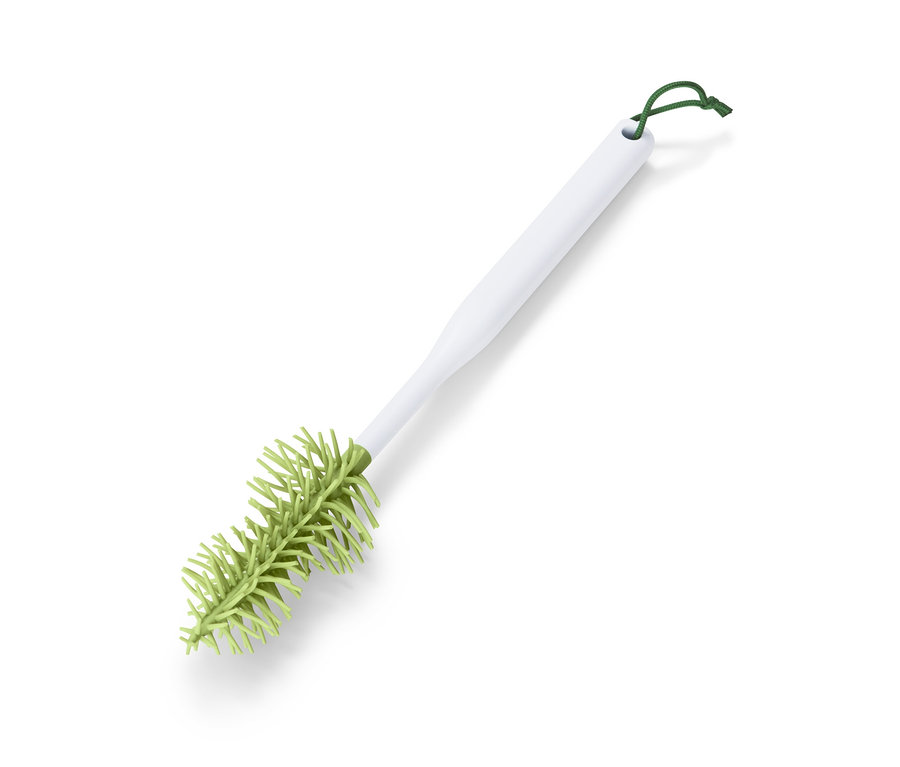 Štětka na lahve a sklenice s bílou rukojetí a zelenými štětinami.