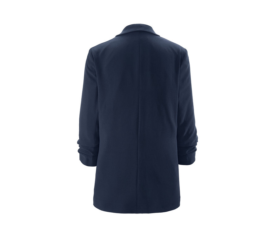 Tmavě modré sako s nařasenými rukávy zezadu.