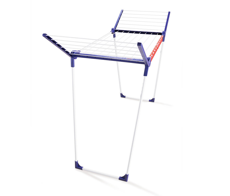 Rozložený sušák na prádlo Leifheit Pegasus 150 Solid Slim s bílými nohami a modrým rámem.