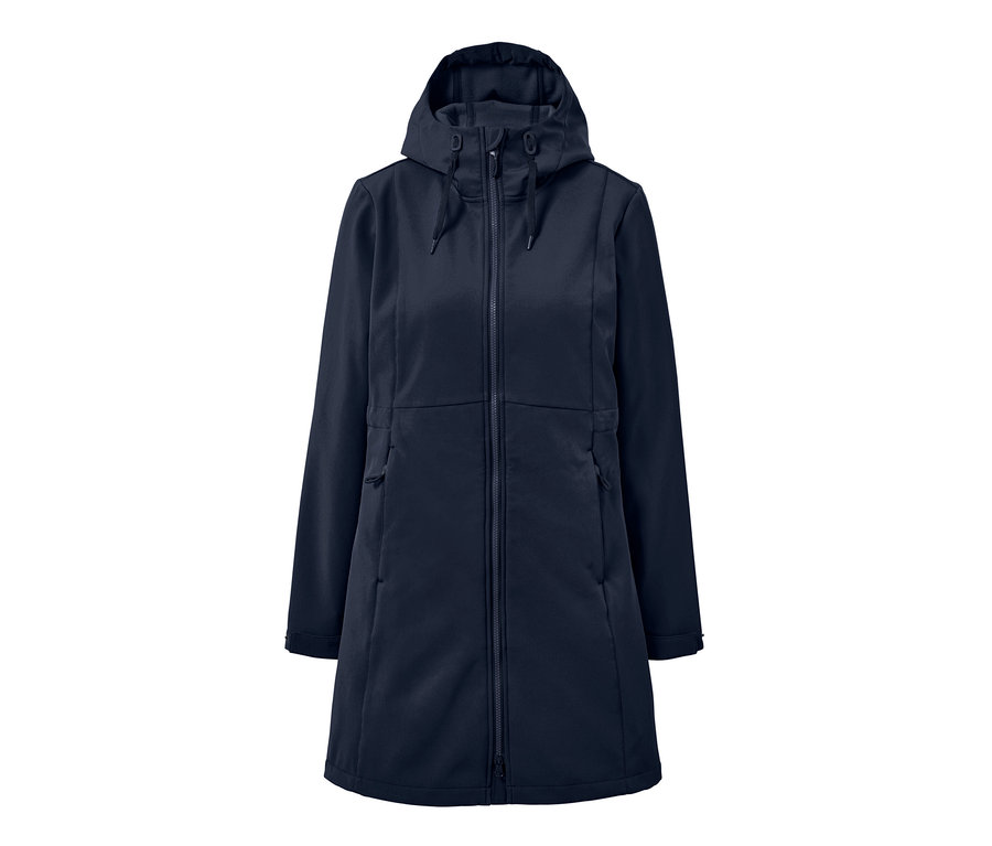 Tmavě modrý softshellový kabát s kapucí.