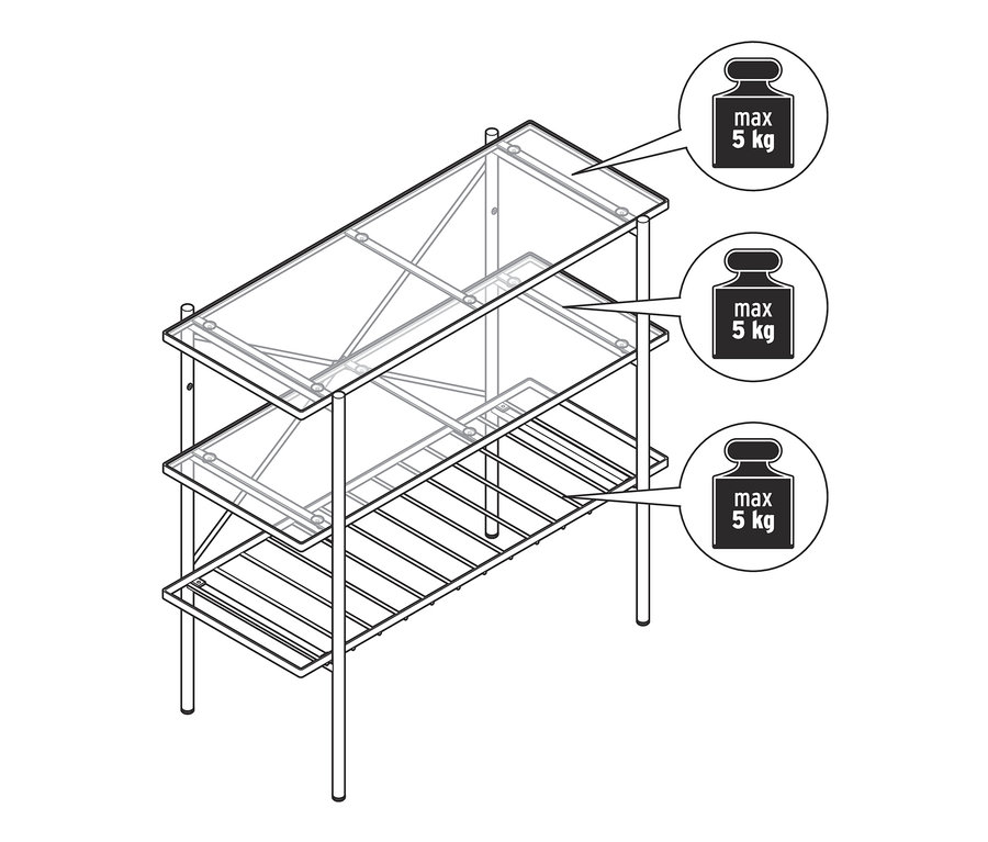Náčrt konzolového stolku o šířce cca 90 cm se třemi skleněnými policemi a maximální nosností 5 kg na polici.