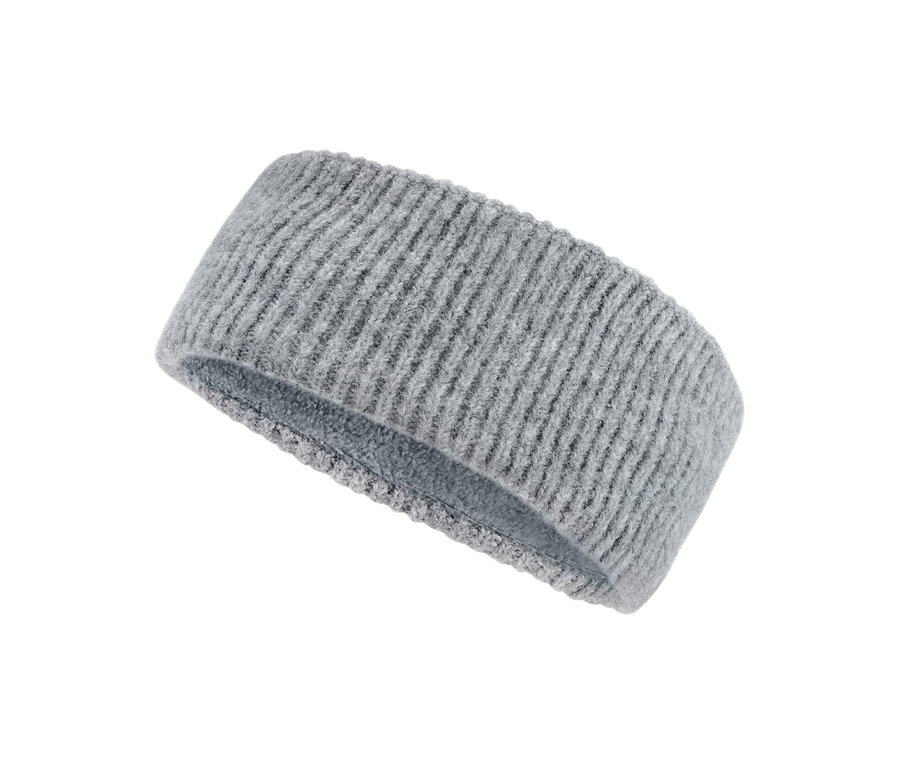 Detail šedé pletené čelenky.