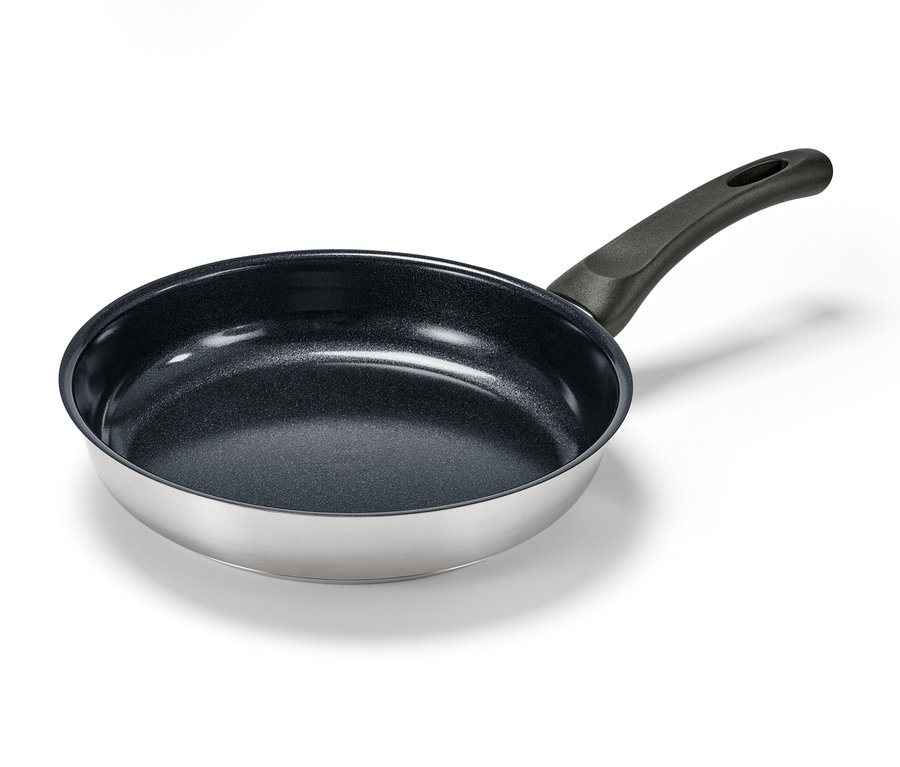 Nerezová pánev s kvalitním keramickým povrchem, průměr cca 24 cm.