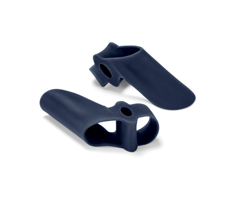 Dva modré chrániče hallux valgus, 2 ks, leží na bílém pozadí.