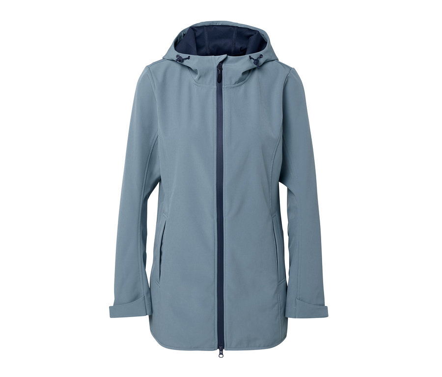 Modrá softshellová bunda se zipem a kapucí.