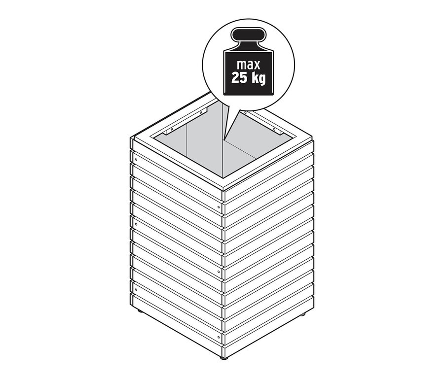 Ilustrace stĺpovitého kvetináče Tinus s maximálnou nosnosťou 25 kg.