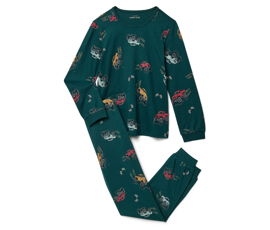 Zelené pyžamo s potiskem monster trucků.
