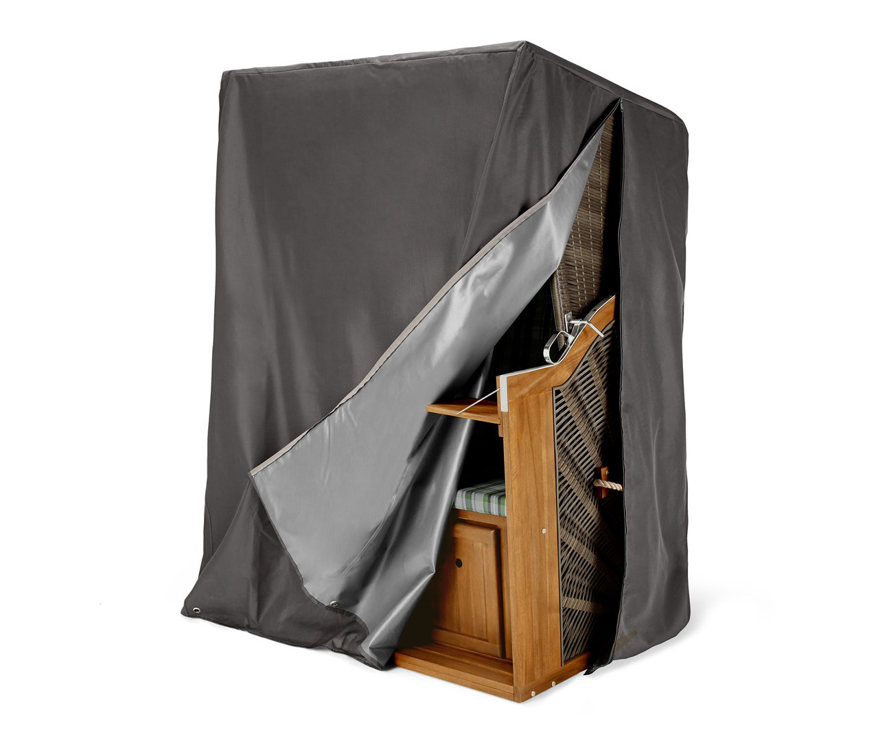 Plážový koš je zakrytý prémiovým ochranným krytem na plážové koše velikosti L, který je částečně odhrnutý.