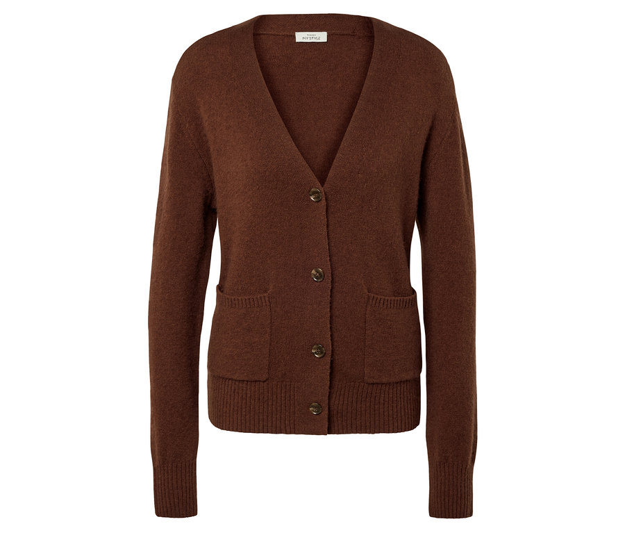 Hnědý pletený kardigan s výstřihem do V, knoflíky a kapsami.