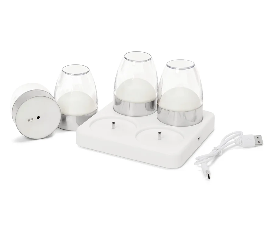 Sada dobíjecích stolních lamp s nabíjecí stanicí a USB kabelem.