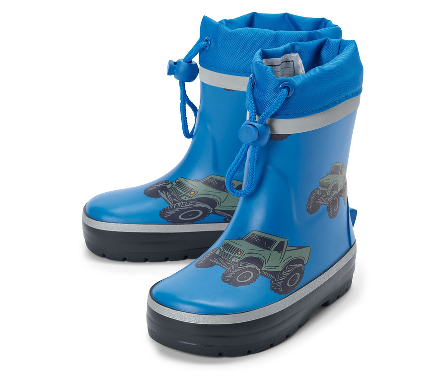 Dětské gumové holínky s potiskem traktorů.