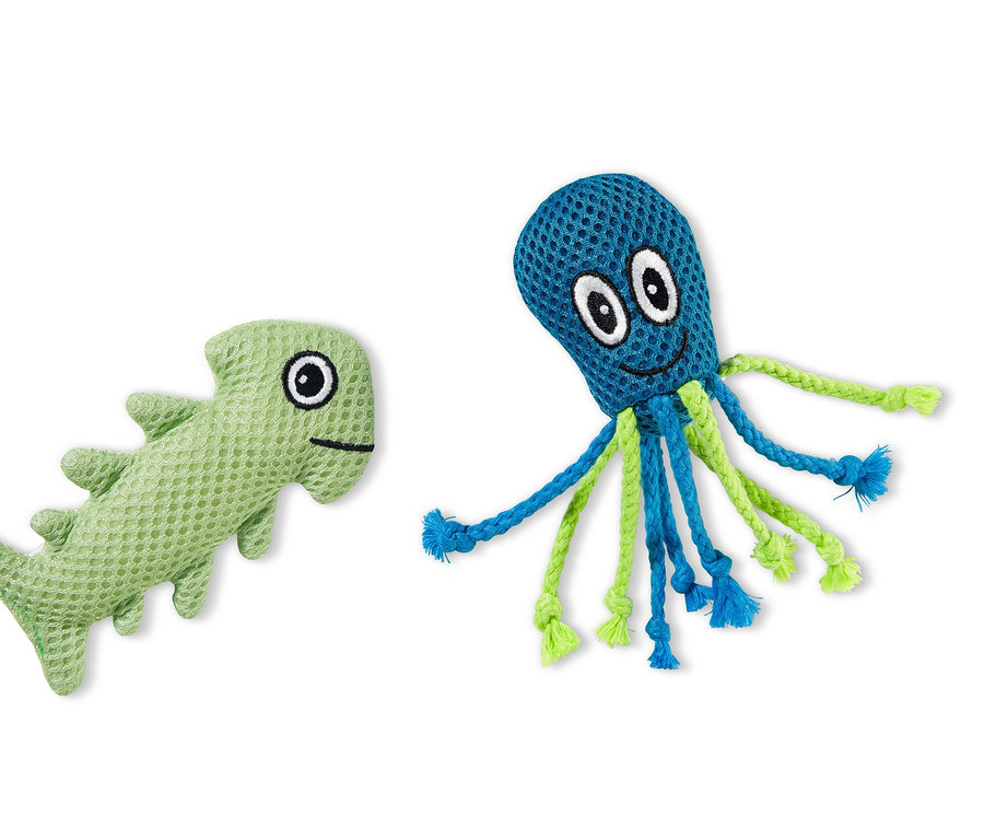 Dvě hračky na čištění zubů pro kočky: zelená ryba a modrá chobotnice.