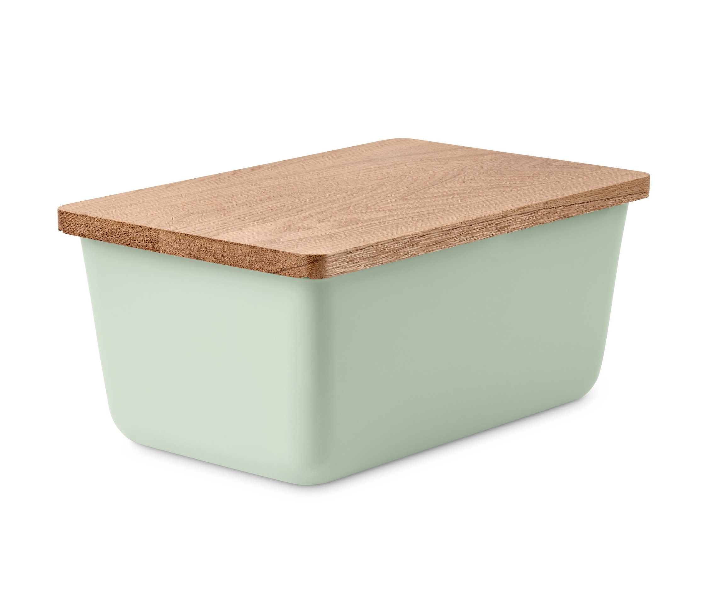 Zelený chlebník s dřevěným krájecím prkénkem.