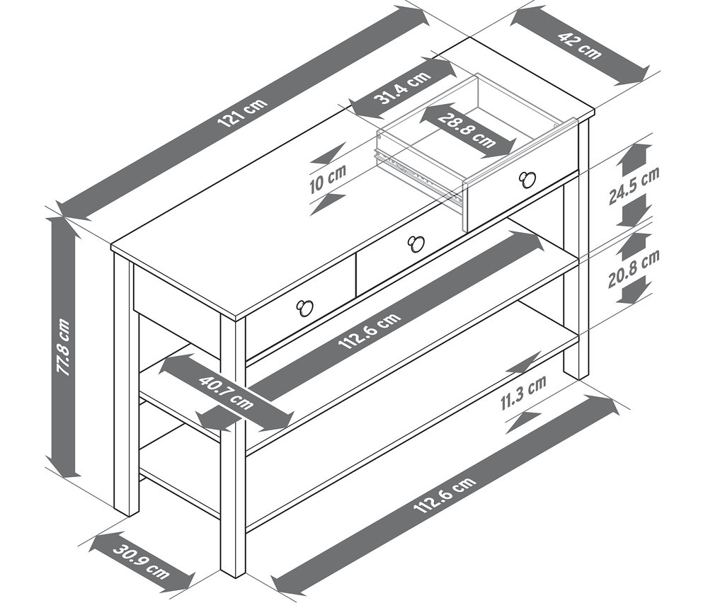 Rozměry příborníku se zásuvkami.