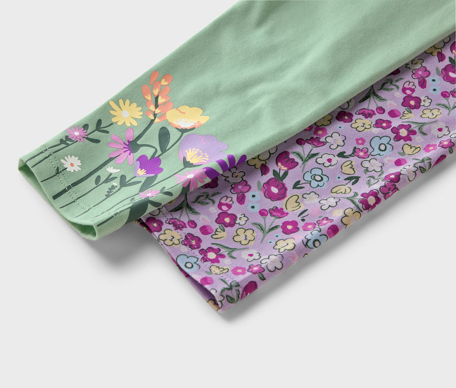 Detail dvou látkových rukávů. Jeden je světle zelený s barevnými květinami, druhý fialový s drobnými kvítky.