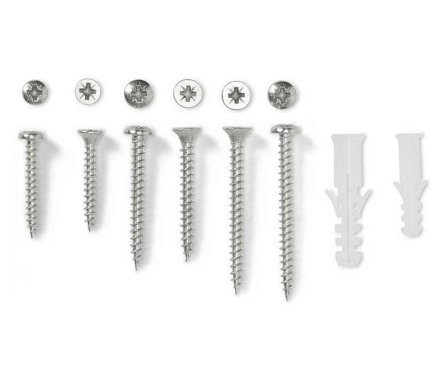 Sada šroubů a hmoždinek na bílém pozadí.