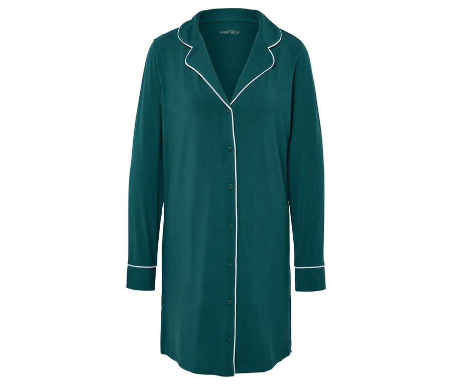 Zelená noční košile s dlouhým rukávem a bílým lemováním.