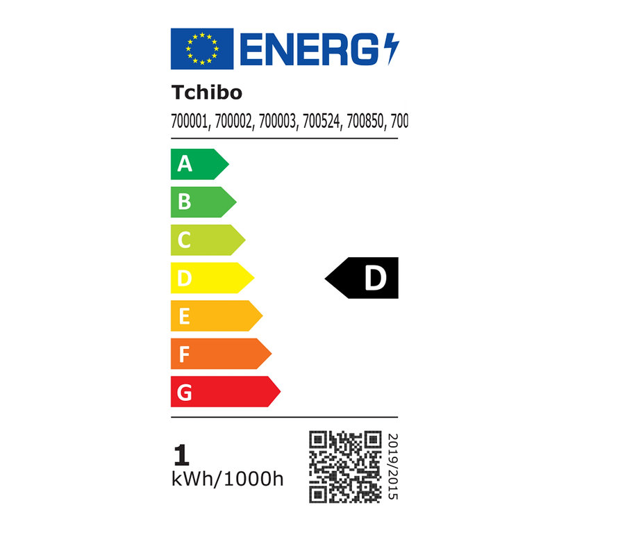 Energetický štítek s třídou D pro venkovní dobíjecí stolní LED lampu šalvějové barvy.