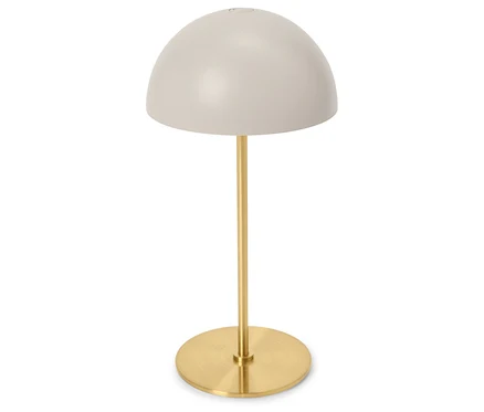 Stojací lampa se světle šedým kulatým stínidlem a zlatou nohou.