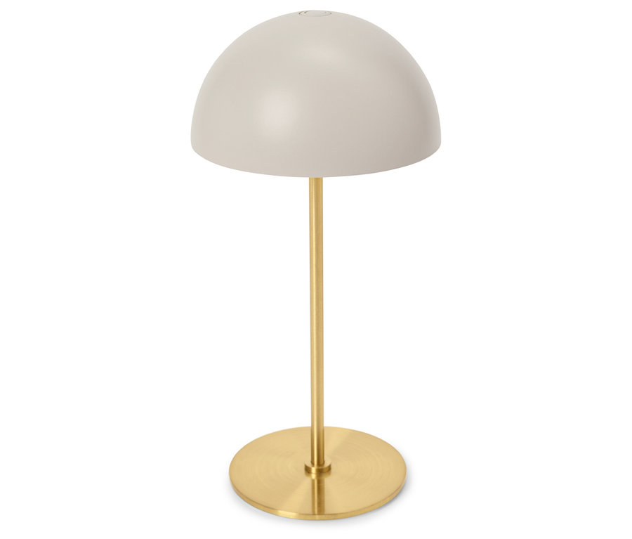 Stojací lampa se světle šedým kulatým stínidlem a zlatou nohou.