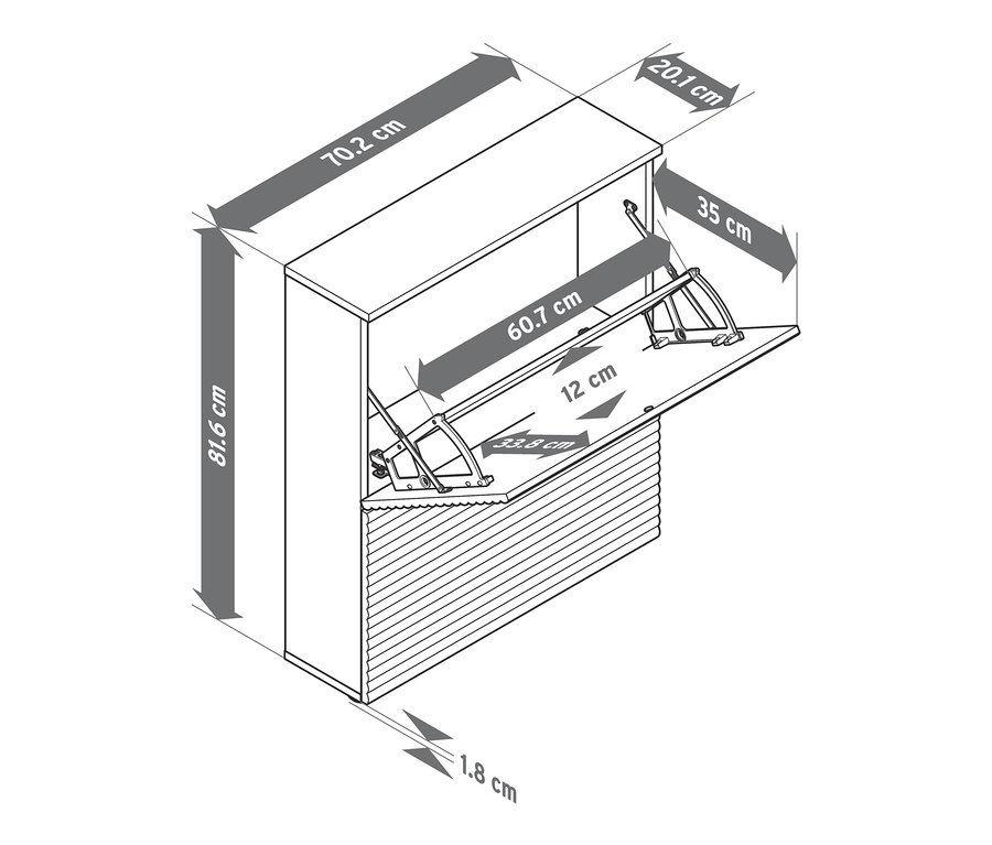 Nákres výklopného botníku se 2 přihrádkami a uvedenými rozměry.