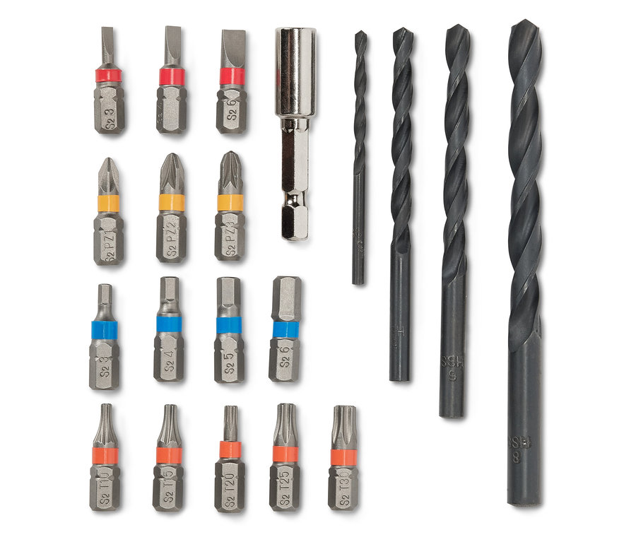 Sada šroubovacích a vrtacích bitů.