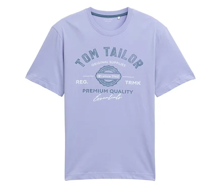 Světle modré tričko s potiskem "Tom Tailor Original Supplies" a nápisem "Premium Quality Essentials".