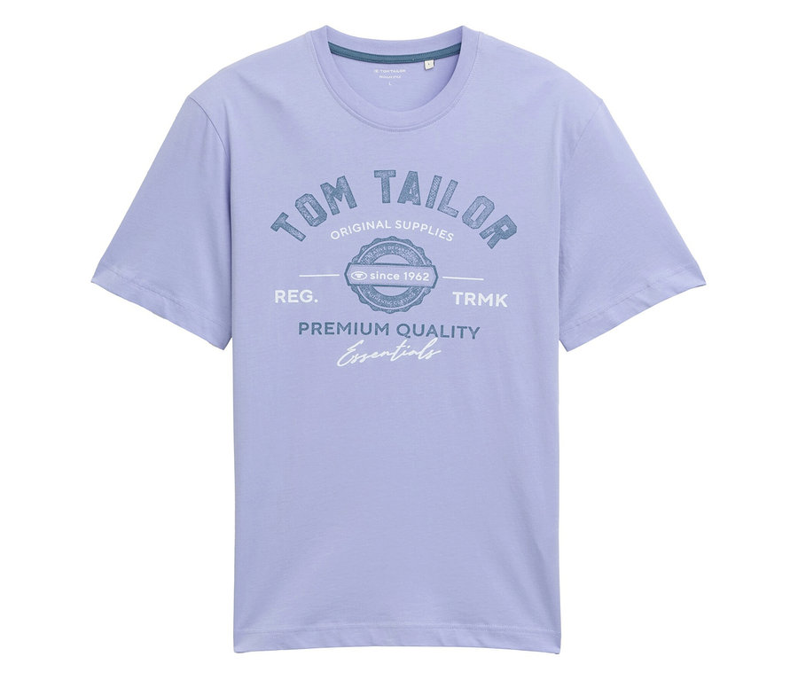Světle modré tričko s potiskem "Tom Tailor Original Supplies" a nápisem "Premium Quality Essentials".