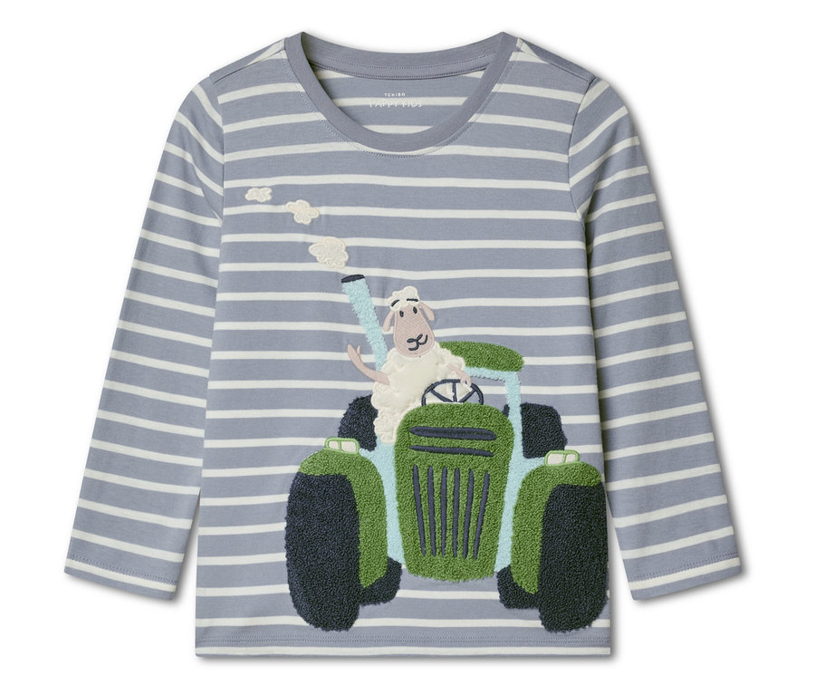 Tričko s dlouhým rukávem se šedo-bílými pruhy s vyšívanou ovcí řídící zelený traktor.