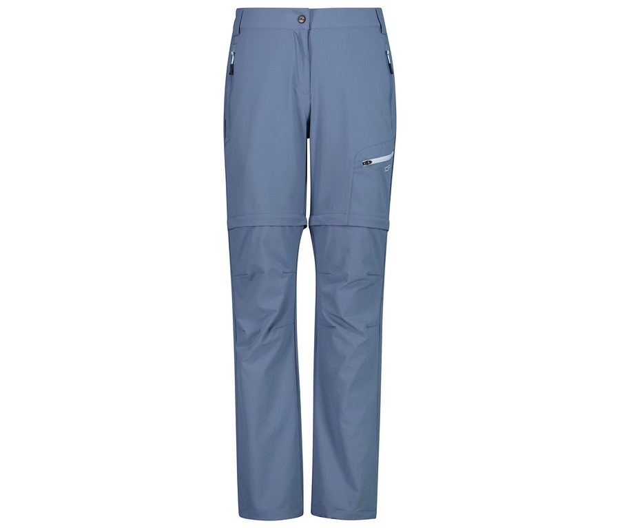 Na bílém pozadí jsou viditelné modré, dlouhé, částečně otevřené kalhoty s kapsami.