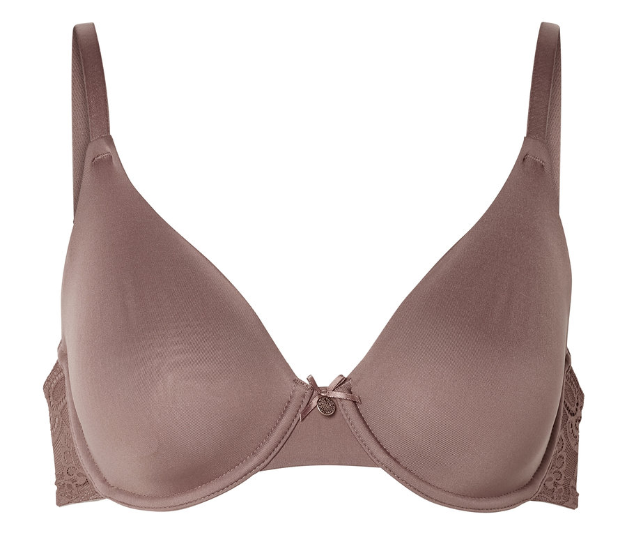 Hnědá podprsenka s kosticemi a krajkou na bocích.