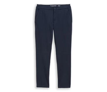 Tmavě modré kalhoty Tom Tailor TTRUPERT Regular Smart Jogger s elastickým pasem a bočními kapsami, položené naplocho.