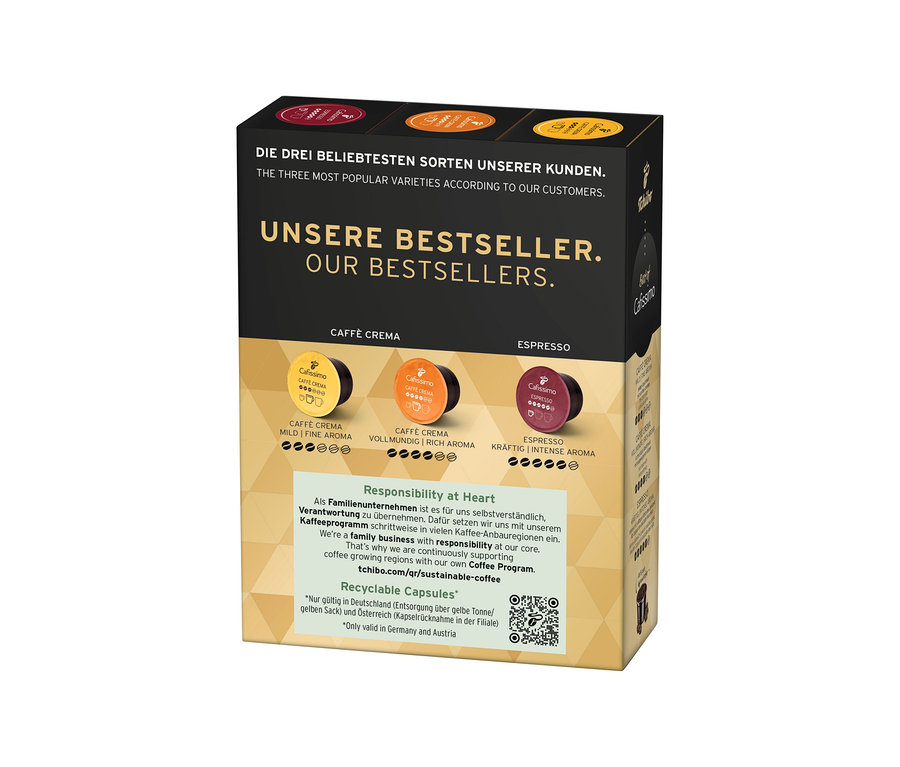 Balení Cafissimo Best of Cafissimo 30 kapslí se třemi příchutěmi: Caffè Crema Mild Fine Aroma, Caffè Crema Vollmundig Rich Aroma a Espresso Kräftig Intense Aroma.