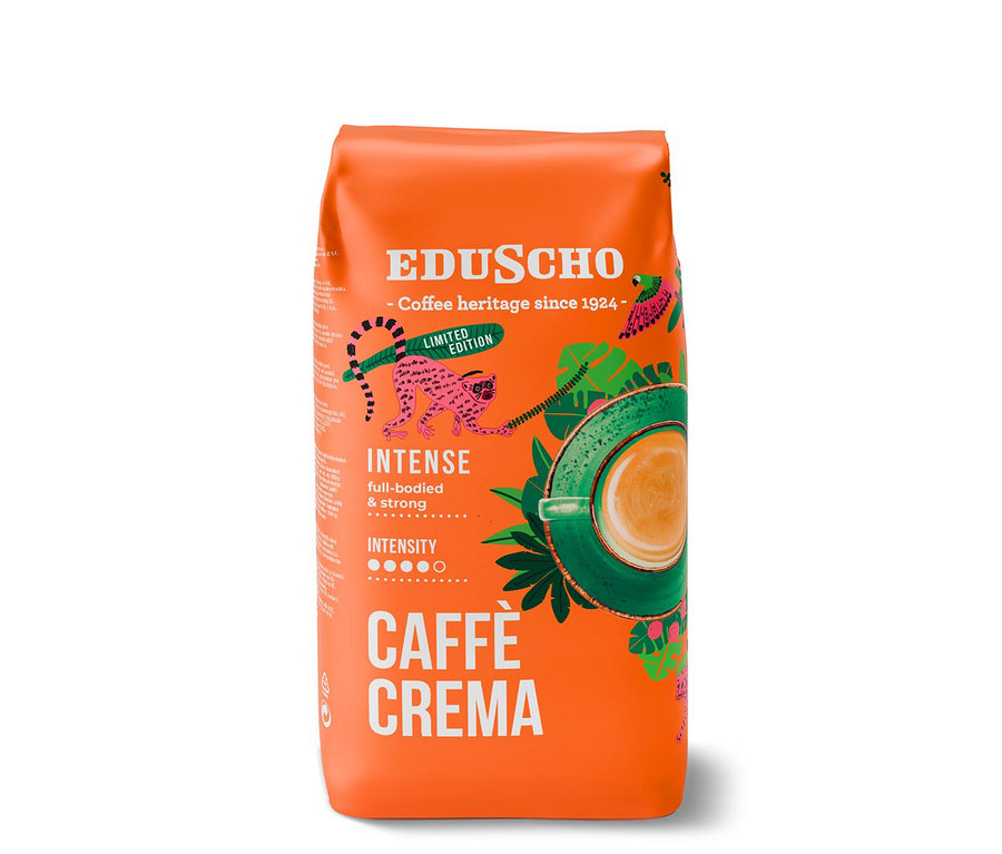 Oranžové balení zrnkové kávy Eduscho Caffè Crema Intense s obrázkem šelmy a šálku kávy.