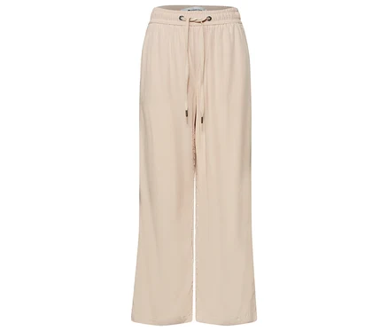 Béžové 7/8 kalhoty culottes Street One »EMMA« s elastickým pasem a stahovací šňůrkou, položené naplocho.