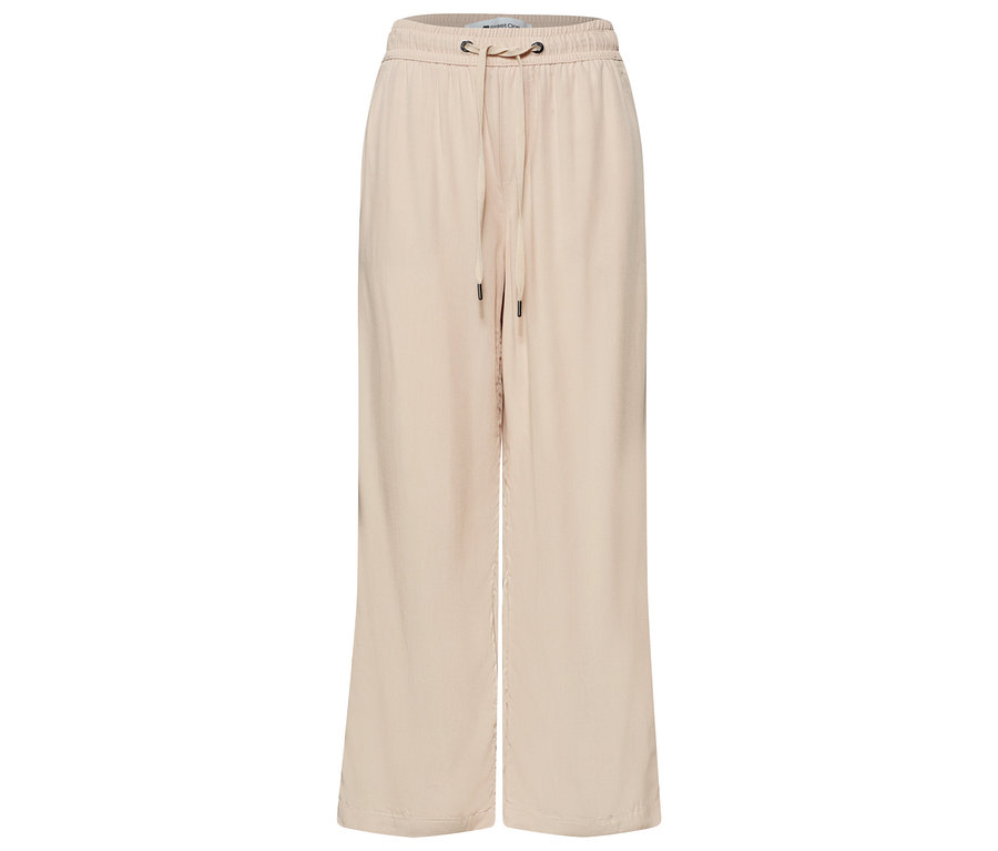 Béžové 7/8 kalhoty culottes Street One »EMMA« s elastickým pasem a stahovací šňůrkou, položené naplocho.