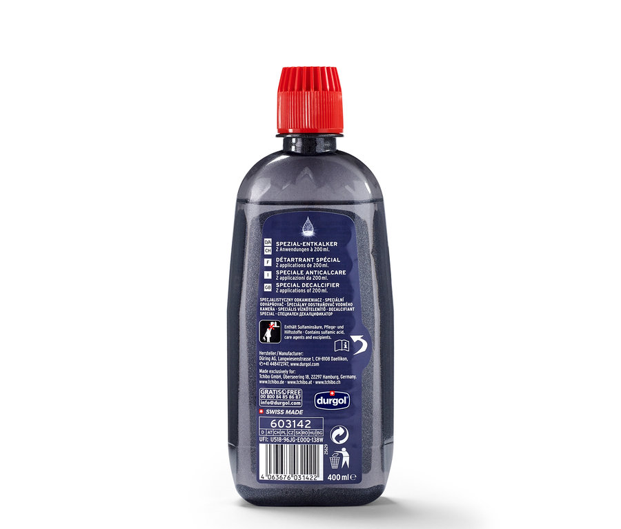 Láhev odvápňovače durgol® speciální odvápňovač, 400 ml, s červeným uzávěrem.