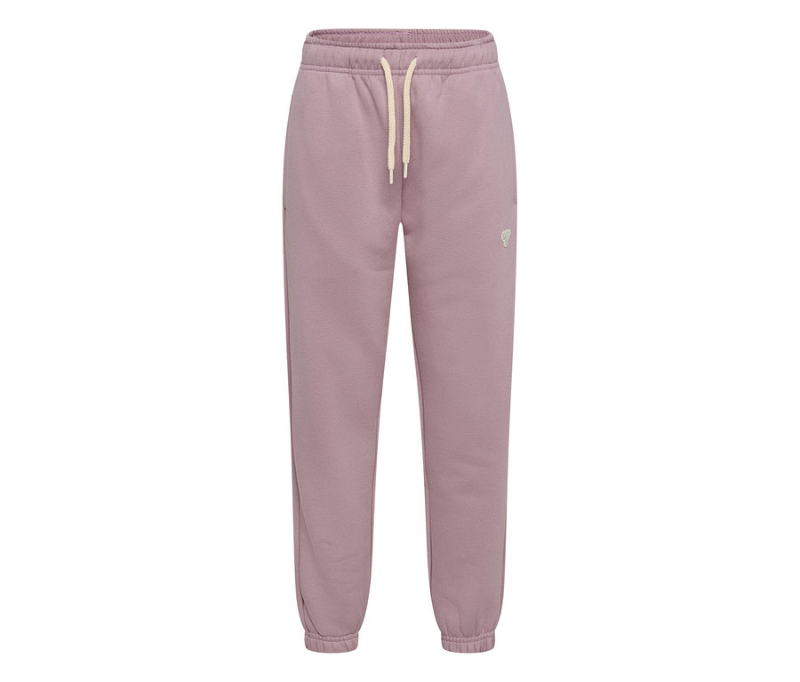 Tepláky hummel® »HMLJR Loose Sweatpants Bee« v matné fialové barvě s elastickým pasem, světle béžovou stahovací šňůrkou a manžetami u kotníků. Malé logo na pravém stehně.