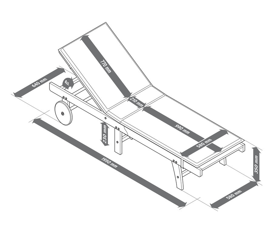 Rozměry zahradního lehátka »Leira« s polstrováním.