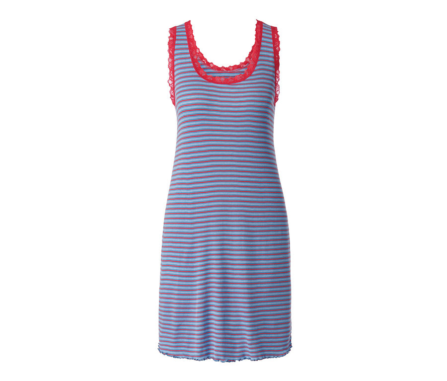 Pruhovaná noční košile na ramínka z žebrovaného materiálu s červenou krajkou.