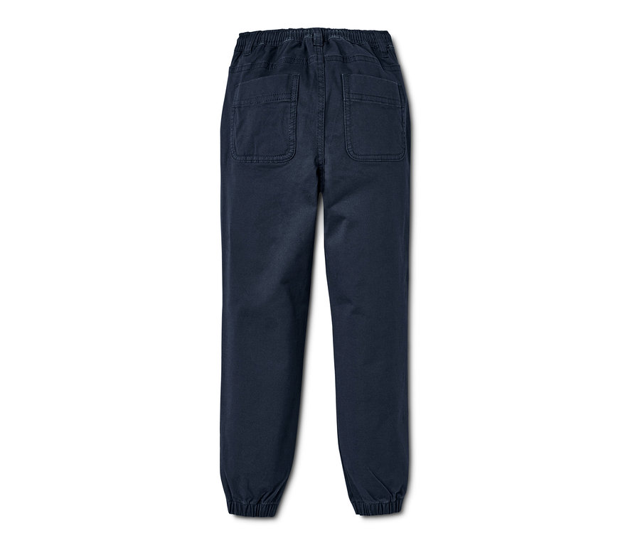 Tmavě modré navlékací kalhoty chino s elastickým pasem a dvěma zadními kapsami.