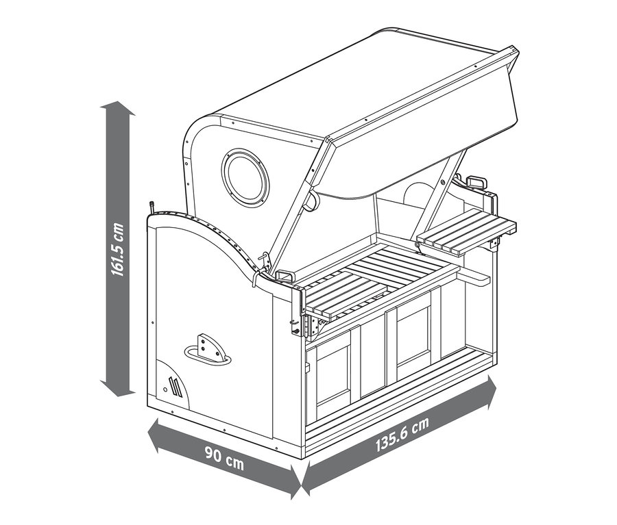 Nákres plážového koše prémiové kvality XXL se 2 sklopnými stolky a rozměry.