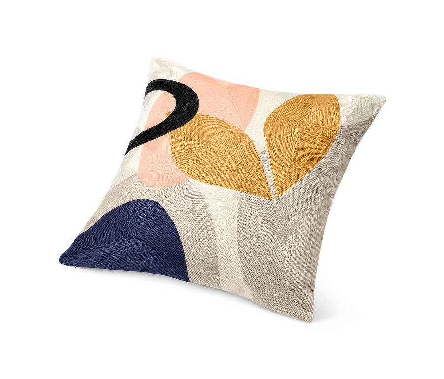 Dekorační polštář s abstraktním vzorem listů v hnědé, růžové a modré barvě na béžovém pozadí. Povlak na dekorační polštářek.