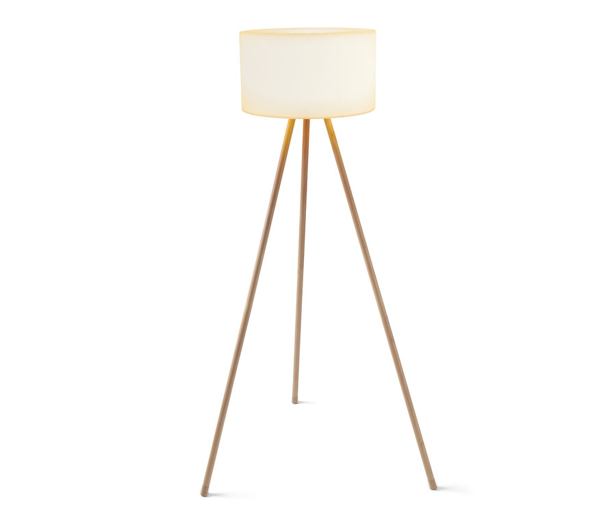 Akumulátorová stojací lampa s LED v dřevěném vzhledu.