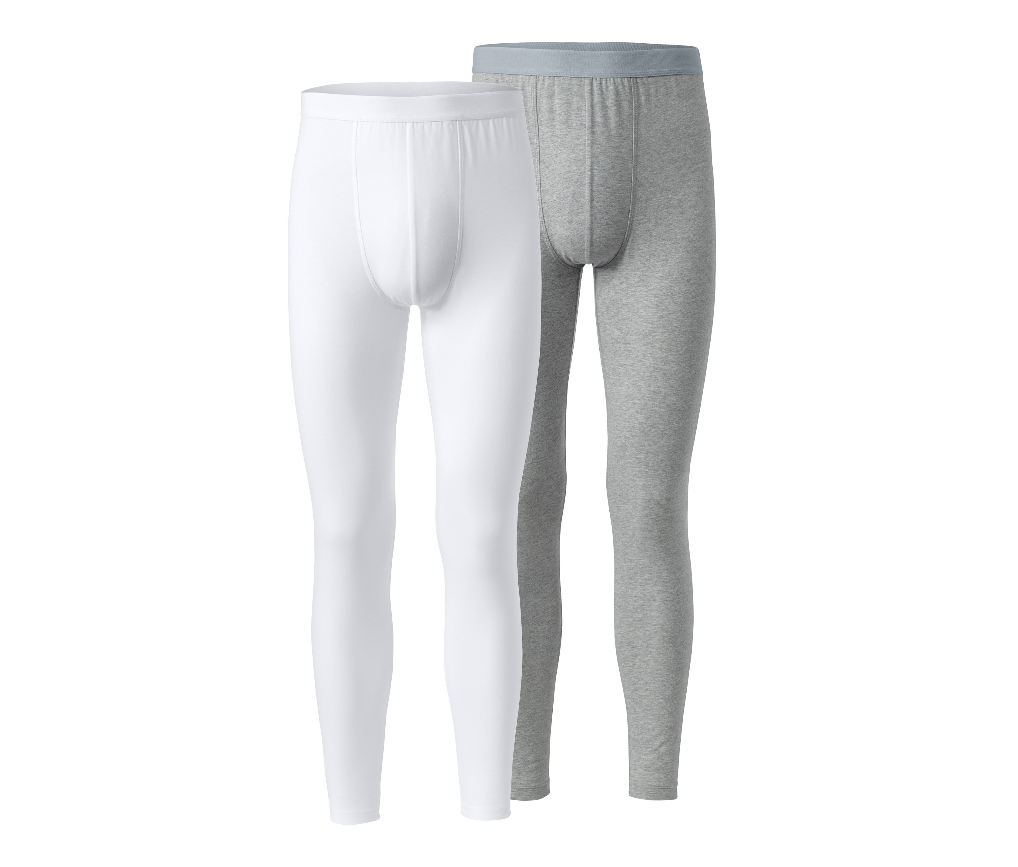 Dvoje dlouhé spodky: jedny bílé a jedny šedé.