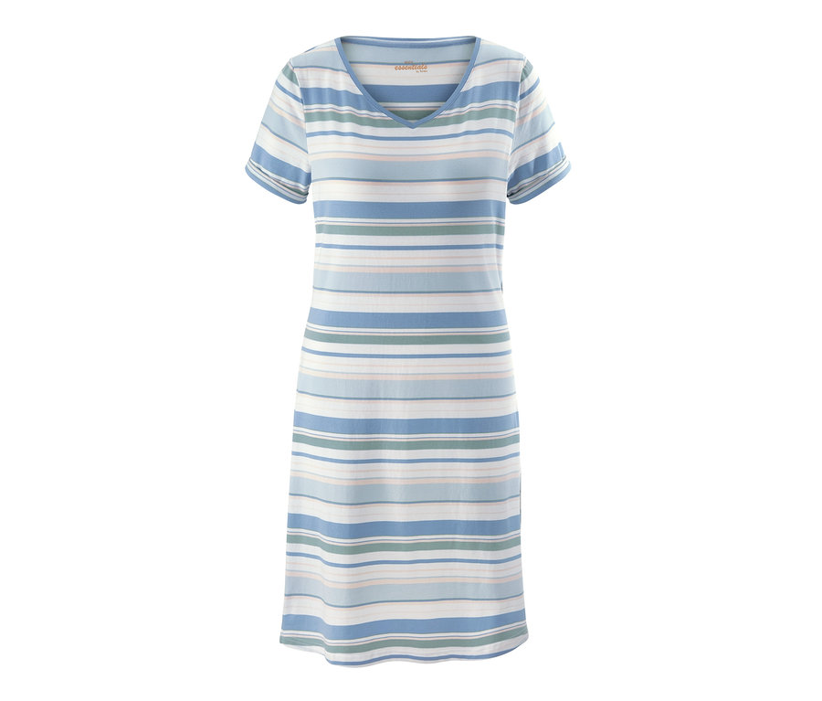 Noční košile s krátkým rukávem a modrými, zelenými a růžovými vodorovnými pruhy.