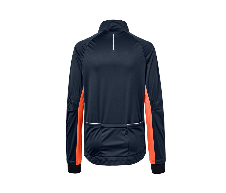 Zadní pohled na cyklistickou softshellovou bundu.