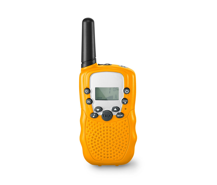 Žlutá dětská vysílačka Walkie Talkie, 2 ks, s černou anténou.