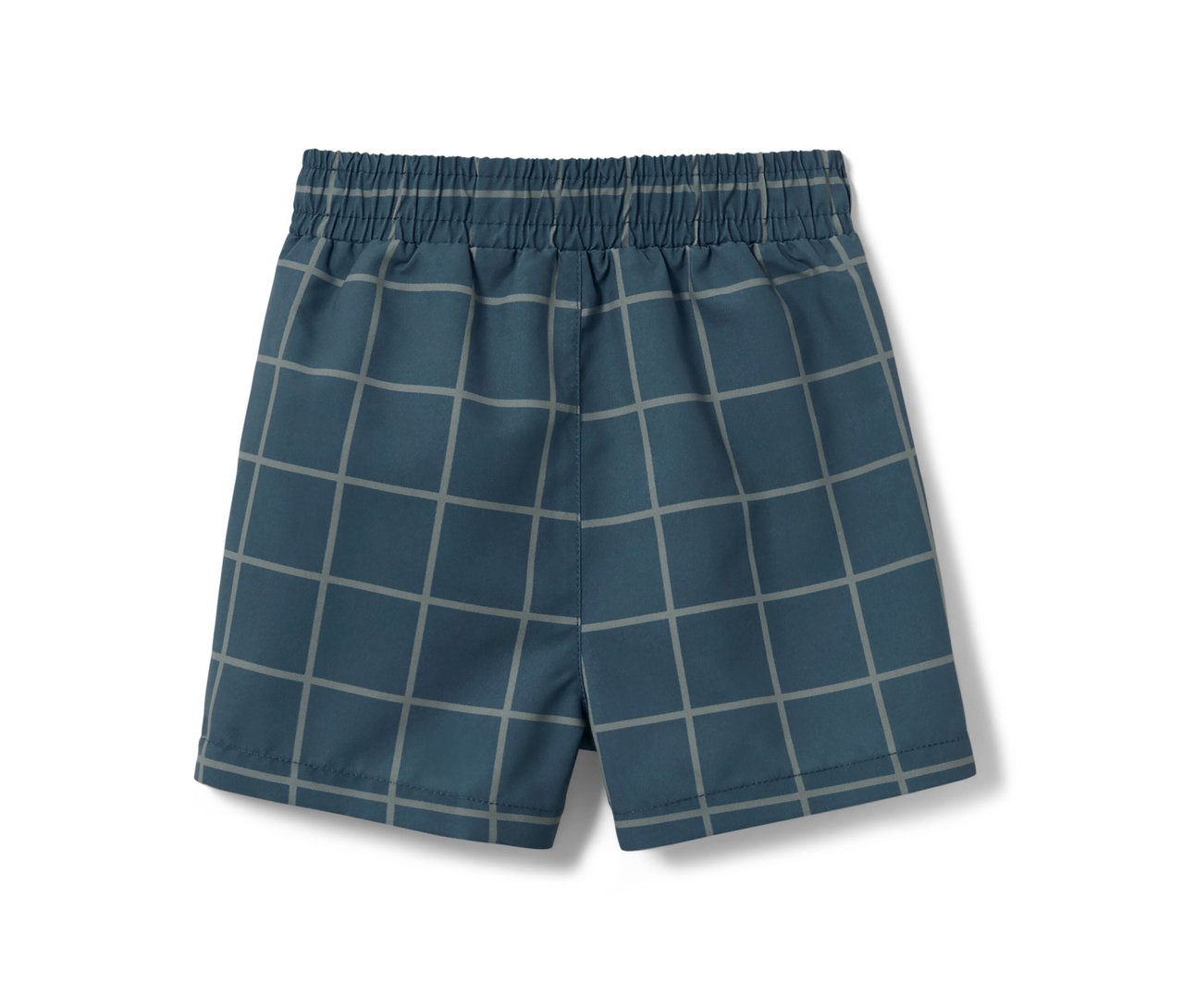 Modré dětské koupací šortky s šedým čtverečkovaným vzorem.